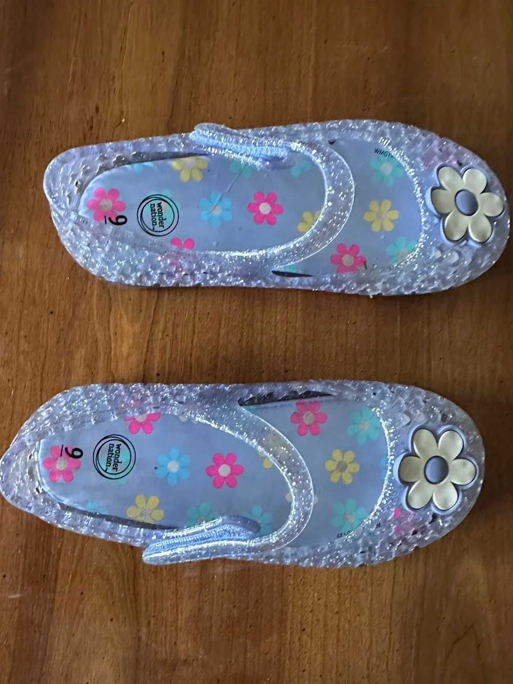 Kids Glitter Jelly Mary Jane Shoes - Blue Clear with Multi-Color Flowers